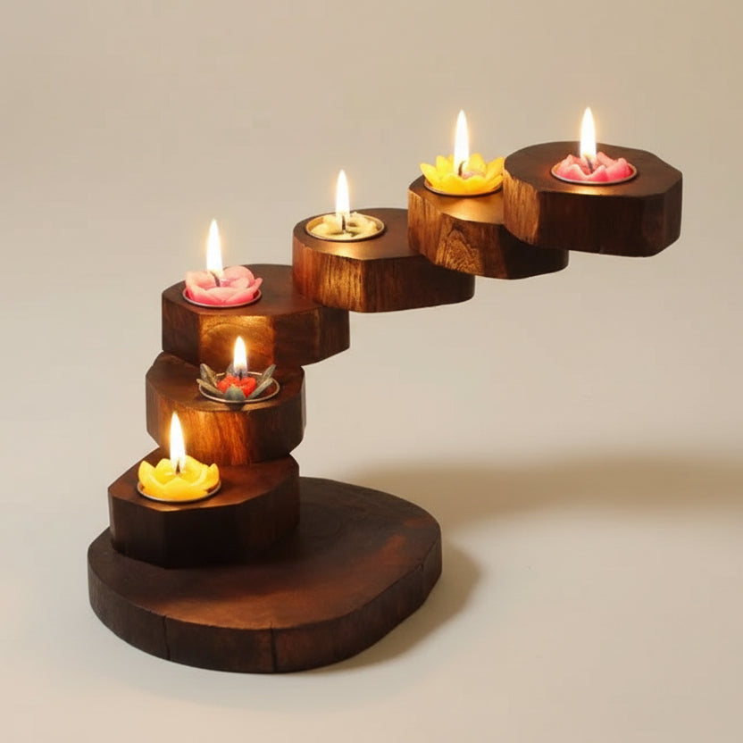 Hand-carved rustic wood candle holder featuring a multi-tier spiral design, ideal for a vintage dining table centerpiece and cozy home decor.