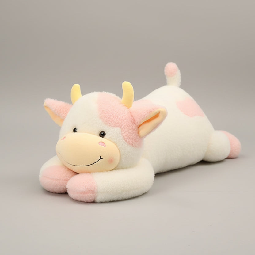 Giant black and white milk cow plush body pillow on bed