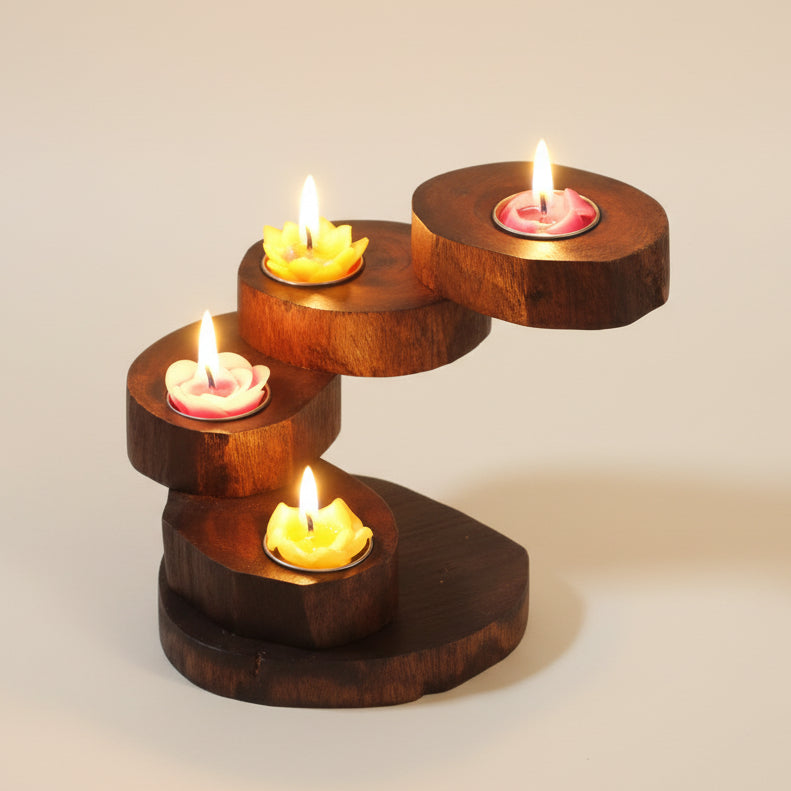 Hand-carved rustic wood candle holder featuring a multi-tier spiral design, ideal for a vintage dining table centerpiece and cozy home decor.