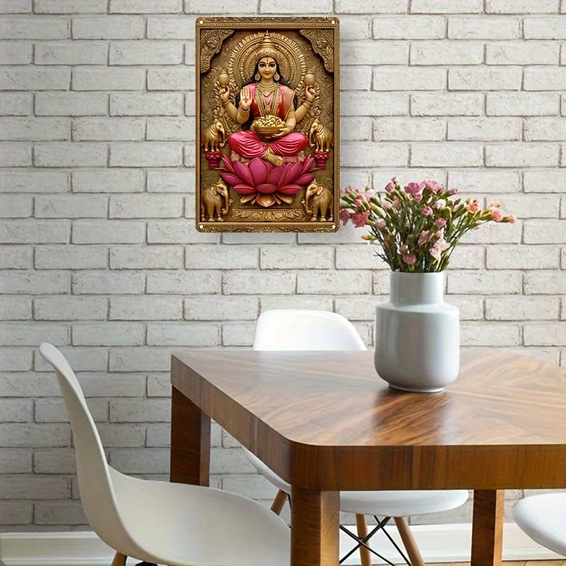 Decorative aluminum metal wall hanging featuring a 3D visual effect of the Hindu Goddess Lakshmi, perfect for attracting prosperity and spiritual home decor.