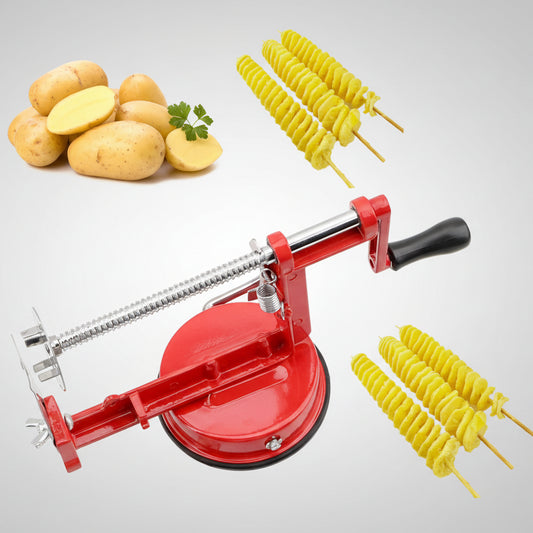 Red manual spiral potato slicer with stainless steel blade, creating twisted tornado fries on skewers.