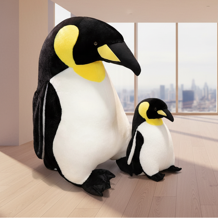 "Giant realistic Emperor penguin plush toy, soft stuffed animal body pillow held by woman to show large size."