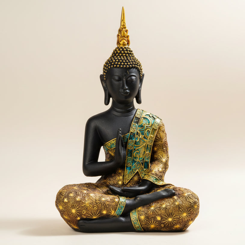 Large dark resin Thai Buddha statue in meditation pose, wearing an intricate gold and turquoise robe, perfect for Zen home decor.