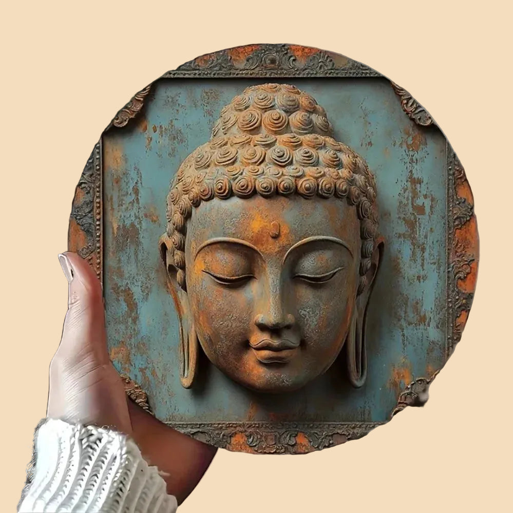 Vintage rustic Buddha metal tin sign, 20x20cm circular 2D flat wall art designed for peaceful Zen room decoration.