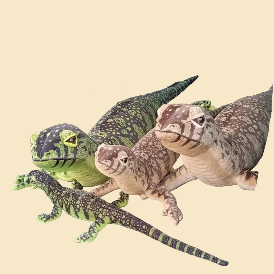 Giant lifelike green and brown lizard plush toy filled with soft PP cotton, available in 75cm and 140cm.