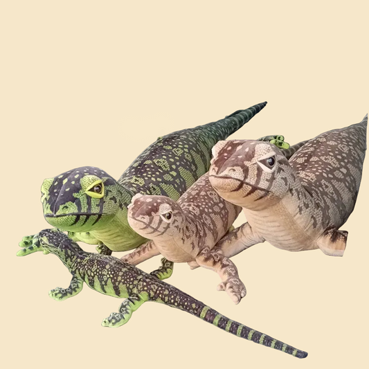 Giant lifelike green and brown lizard plush toy filled with soft PP cotton, available in 75cm and 140cm.