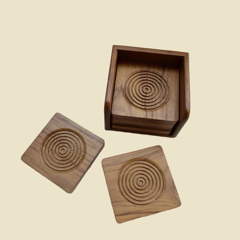 Set of 6 handcrafted Golden Teak wood coasters with concentric ring design and matching holder