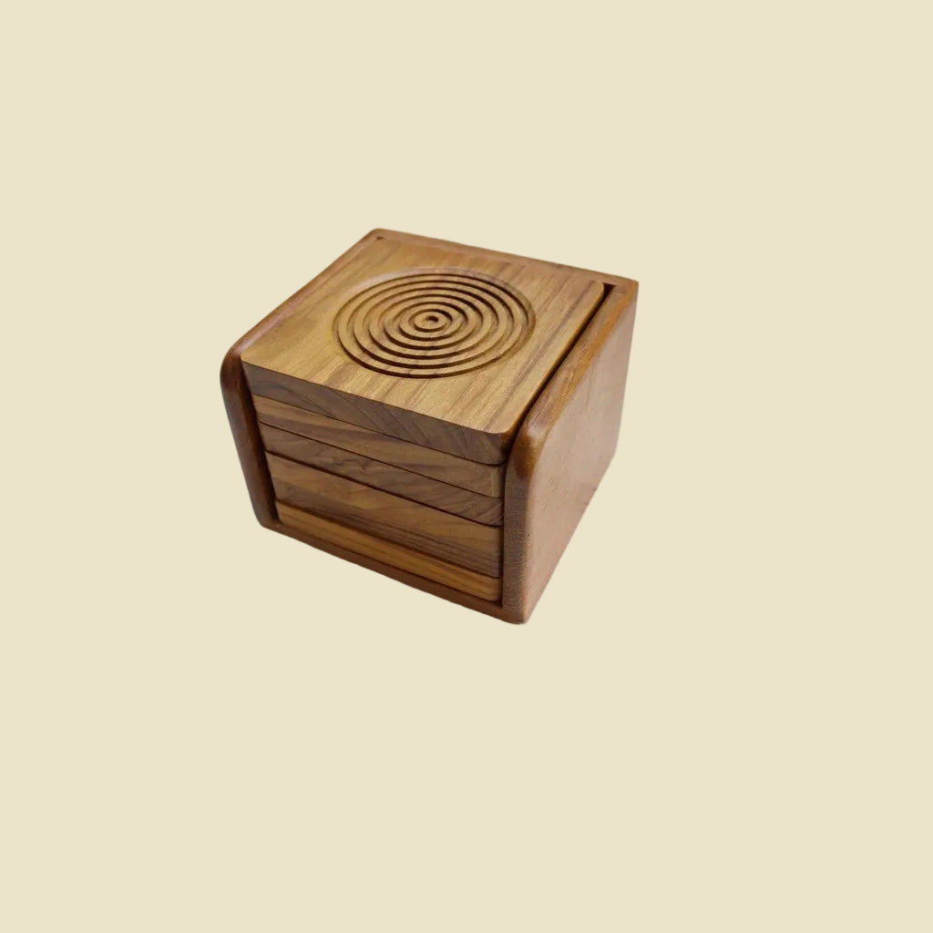 Set of 6 handcrafted Golden Teak wood coasters with concentric ring design and matching holder