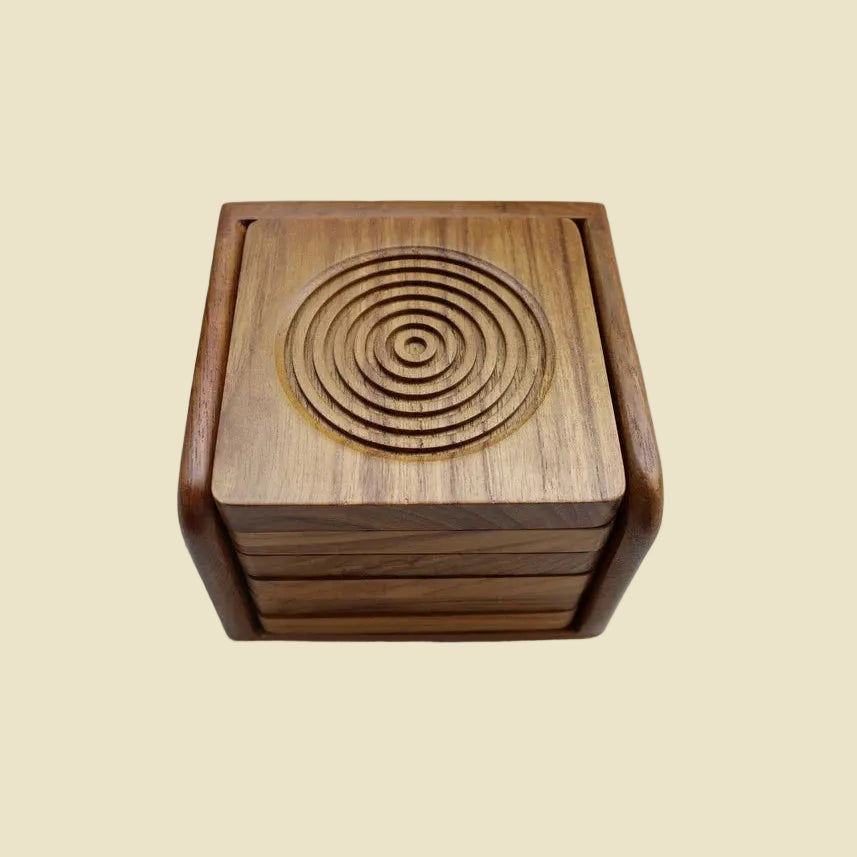 Set of 6 handcrafted Golden Teak wood coasters with concentric ring design and matching holder