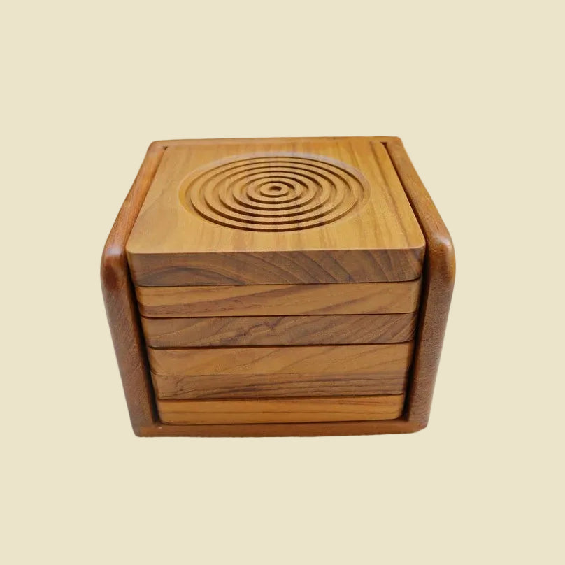 Set of 6 handcrafted Golden Teak wood coasters with concentric ring design and matching holder