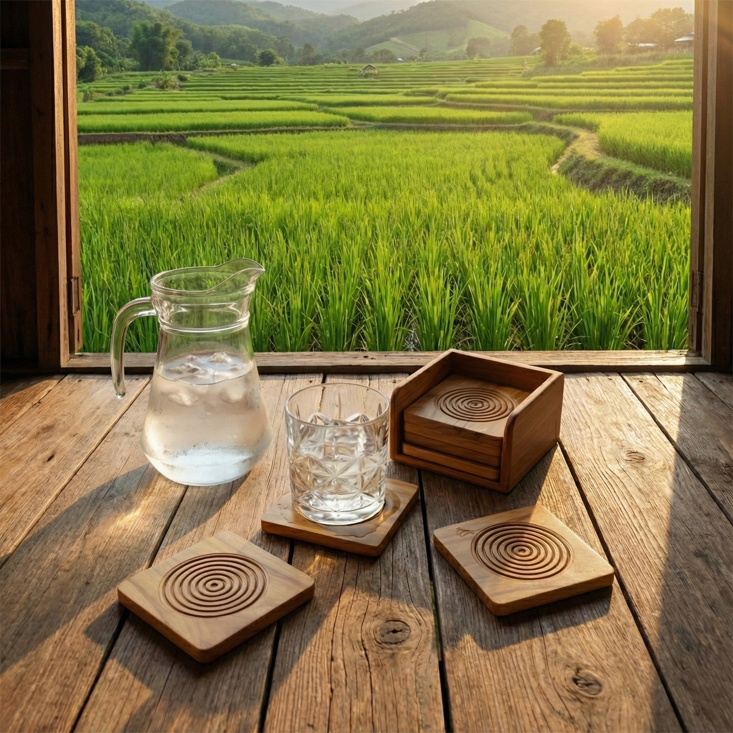 Set of 6 handcrafted Golden Teak wood coasters with concentric ring design and matching holder