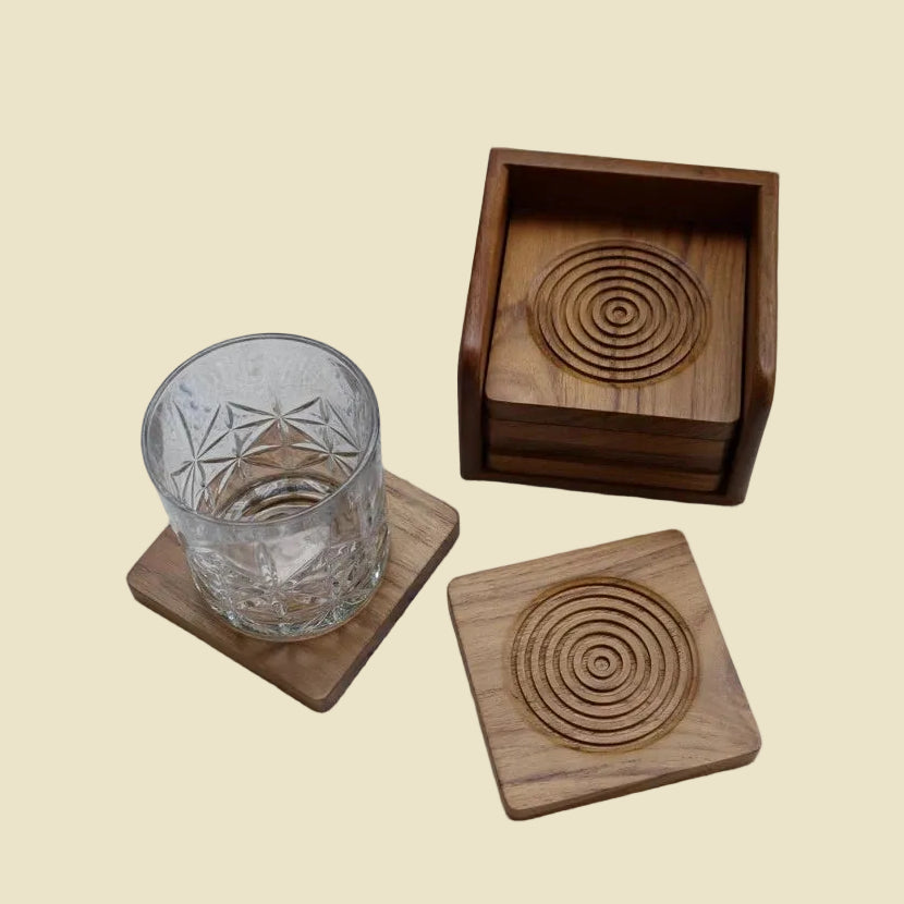Set of 6 handcrafted Golden Teak wood coasters with concentric ring design and matching holder