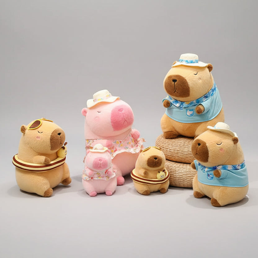 Cute Capybara plush toy wearing yellow bee swim ring summer decor
