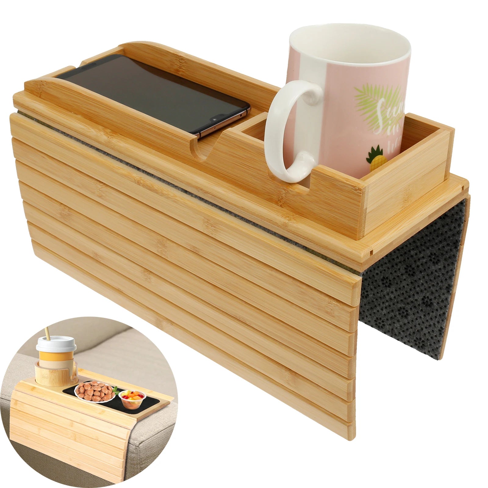 2-in-1 bamboo sofa tray table holding a white coffee mug and smartphone on a living room couch