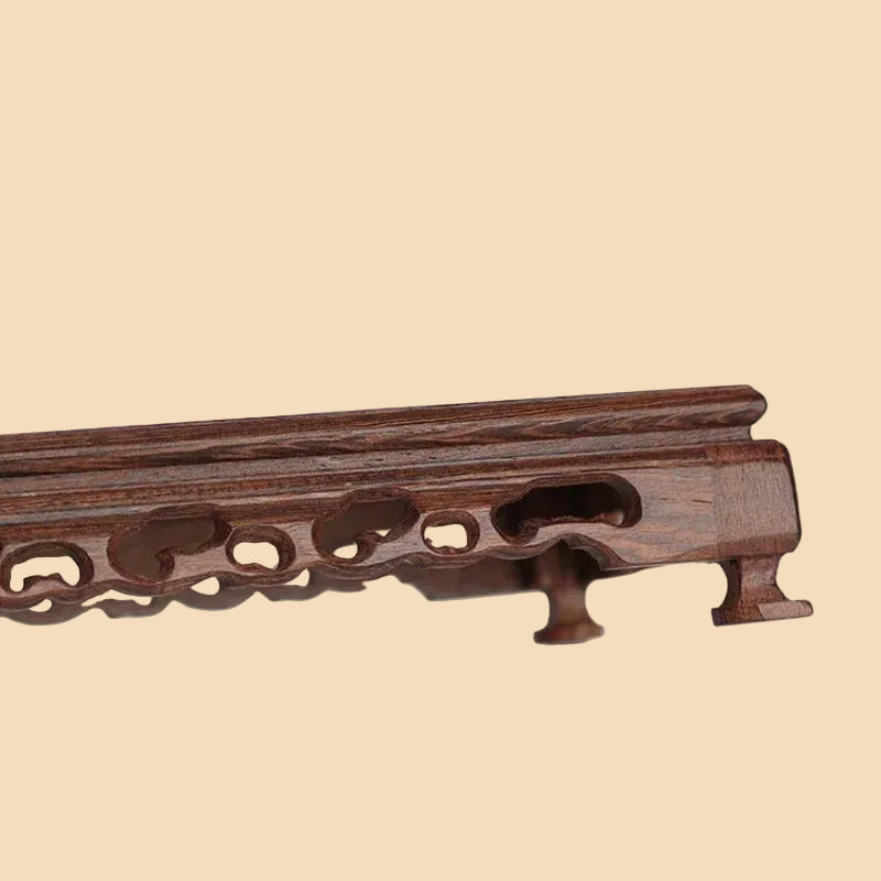Hand-carved rectangular oriental wooden display stand made from premium chicken wing wood, with intricate details for displaying vases and teapots.