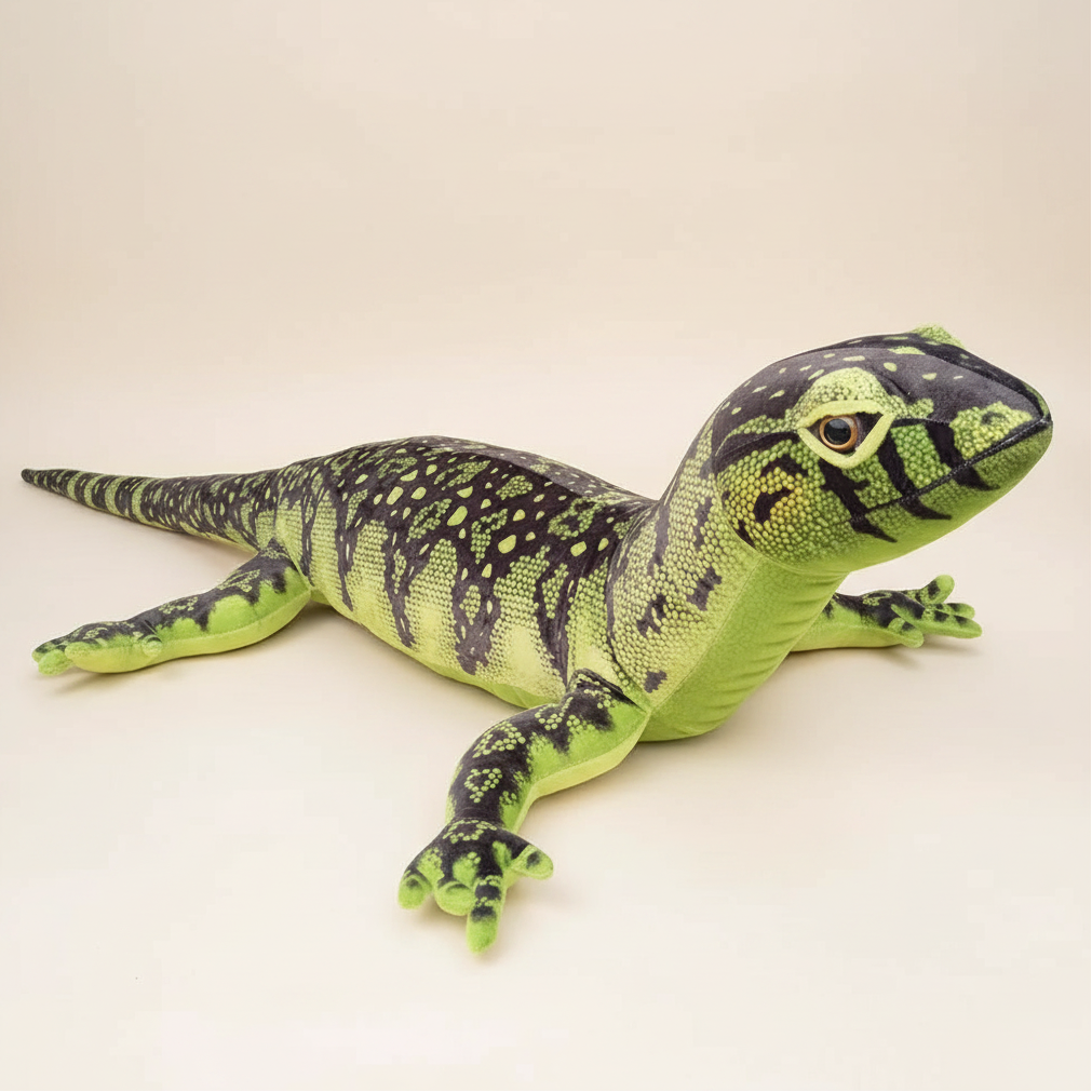 Giant lifelike green and brown lizard plush toy filled with soft PP cotton, available in 75cm and 140cm.