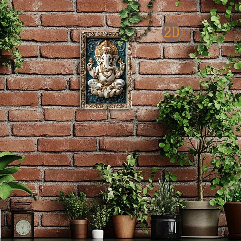 Modern aluminum metal wall decor featuring a 3D visual effect of the Ganesha Hindu gods elephant, perfect for spiritual home decoration.