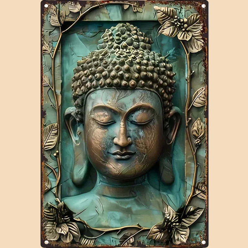 Vintage style Buddha wall art printed on a durable, rustproof aluminum metal sign with a stunning 3D visual effect for Zen home decor.