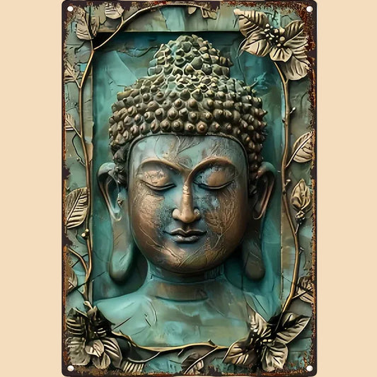 Vintage style Buddha wall art printed on a durable, rustproof aluminum metal sign with a stunning 3D visual effect for Zen home decor.