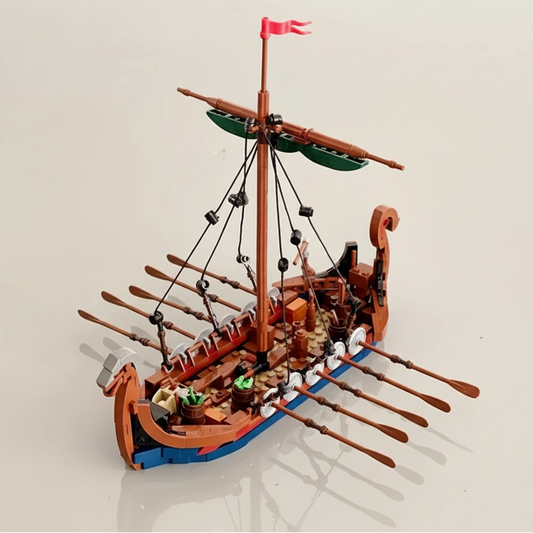 Medieval Viking Longship MOC building blocks set with oars and red sail