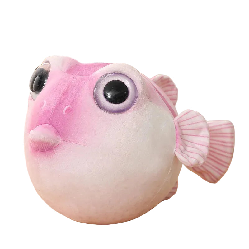 A lifelike green and orange pufferfish plush toy with large eyes and soft fins.