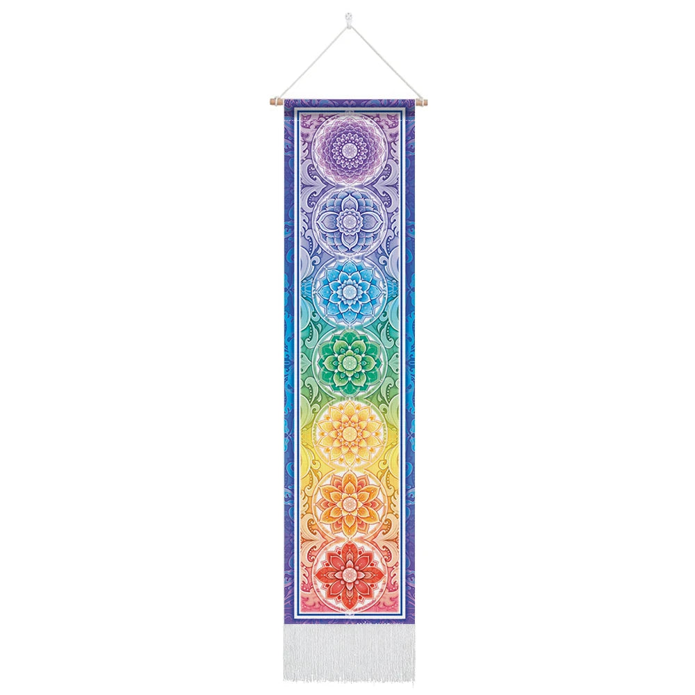 Vibrant seven chakra tapestry wall hanging, perfect for yoga rooms and bedroom hippie decor.