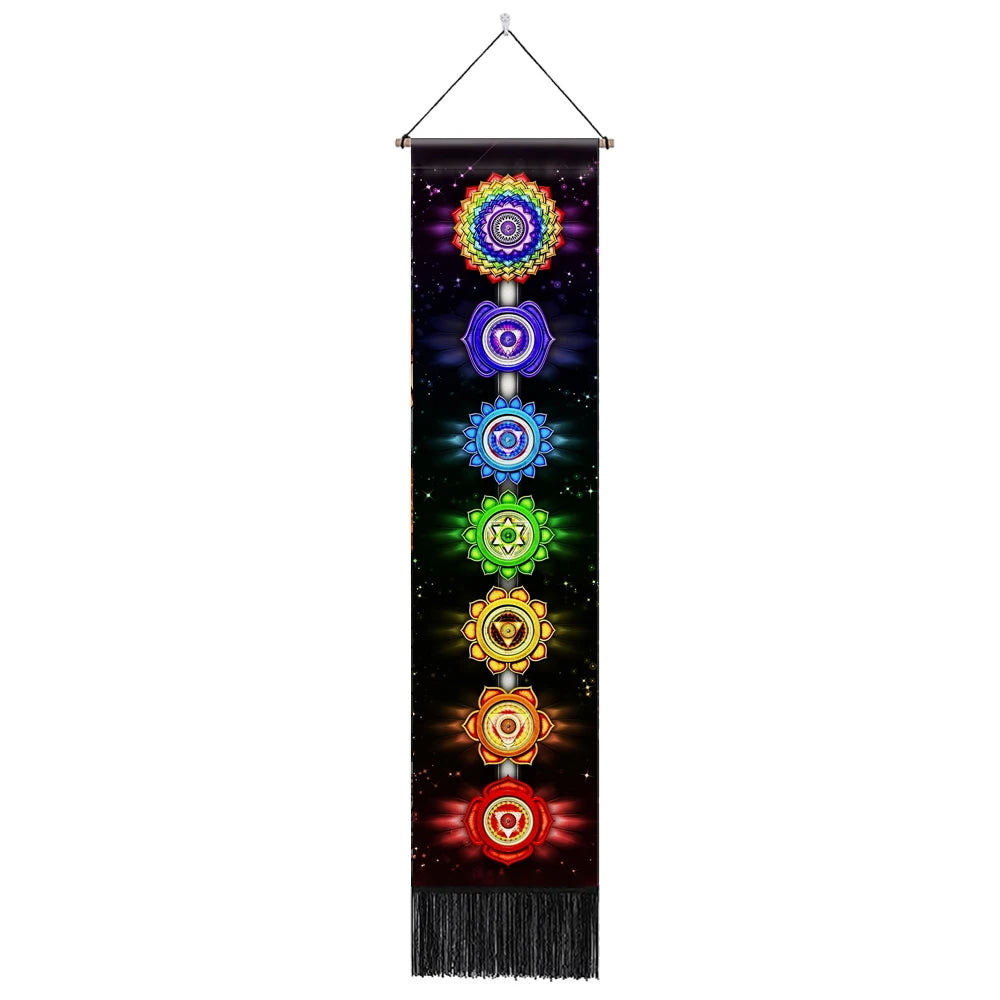 Vibrant seven chakra tapestry wall hanging, perfect for yoga rooms and bedroom hippie decor.