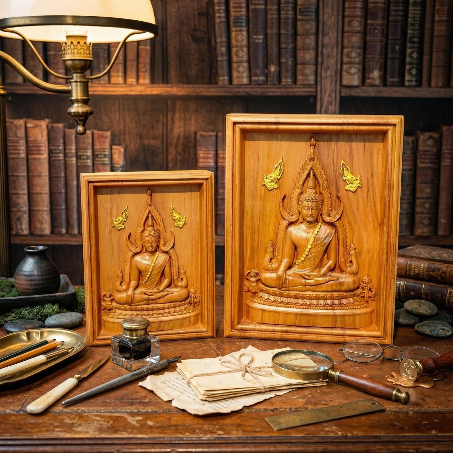 Hand-carved Golden Teak wood plaque of the Thai Success Buddha (Phra Phuttha Chinnarat)