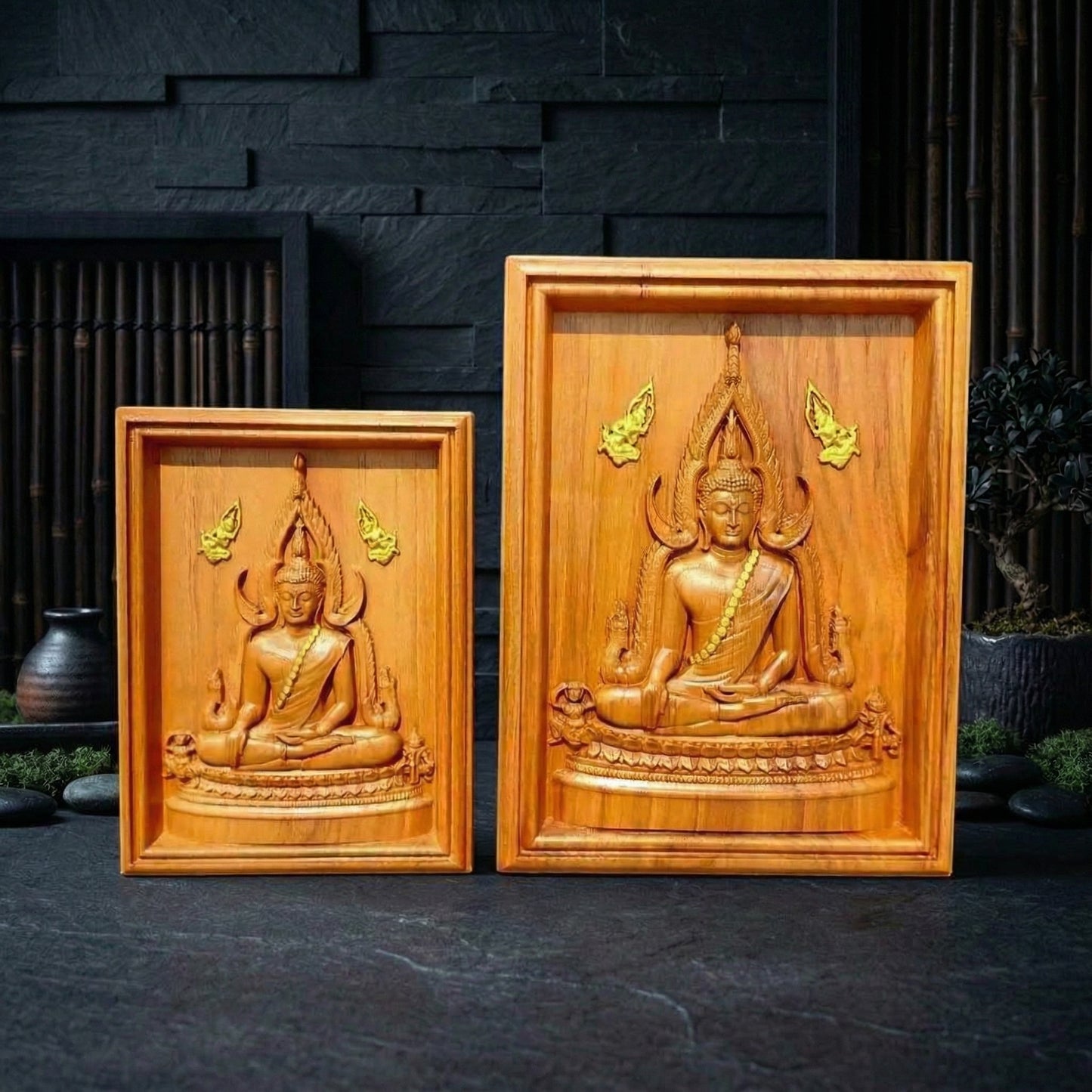 Hand-carved Golden Teak wood plaque of the Thai Success Buddha (Phra Phuttha Chinnarat)