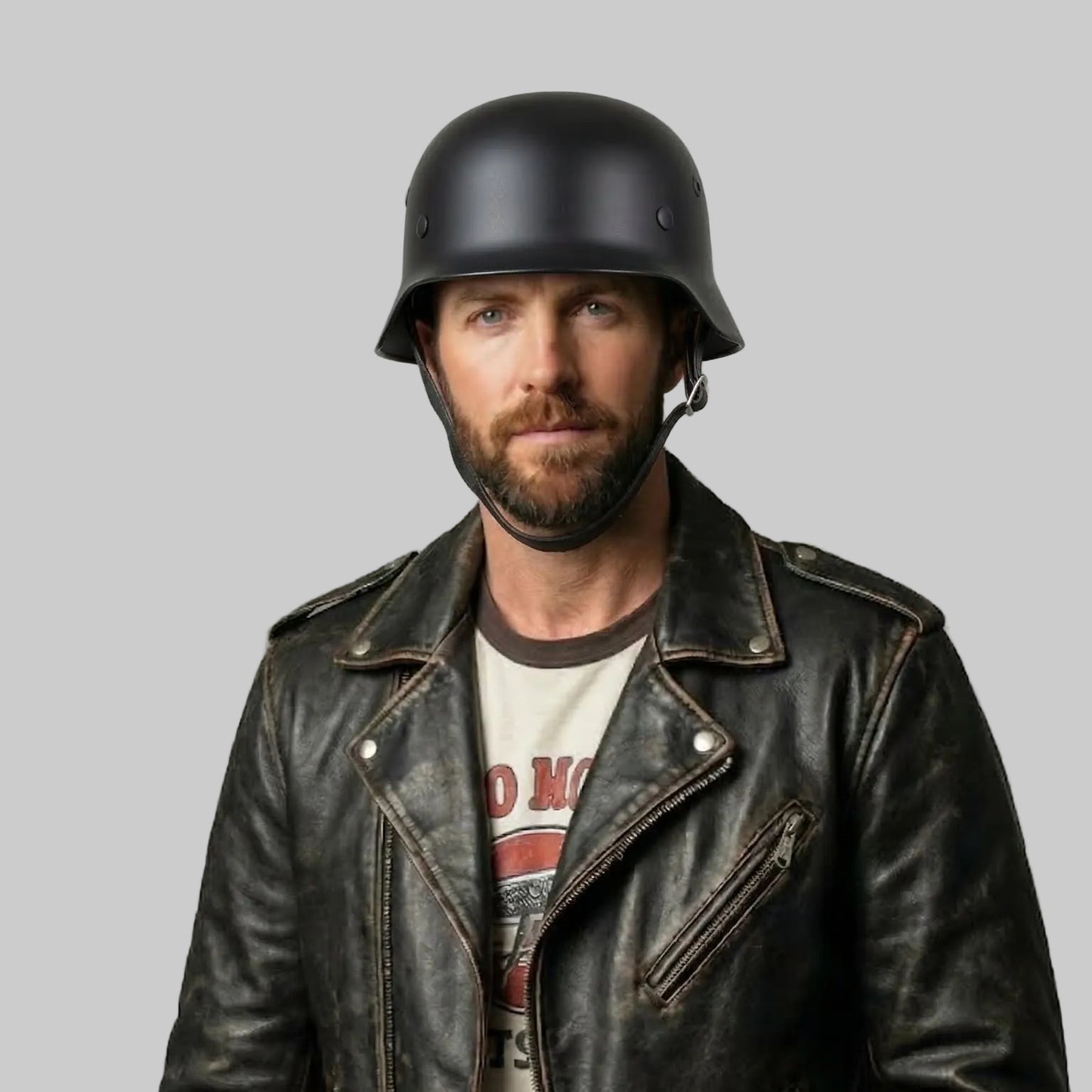 Man wearing an authentic WW2 German Army M35 steel helmet replica with a classic matte black finish.