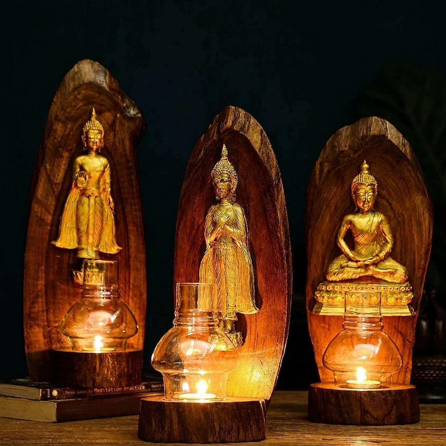 Genuine teak wood Thai birthday Buddha candle holder for wall decor
