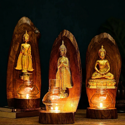 Genuine teak wood Thai birthday Buddha candle holder for wall decor