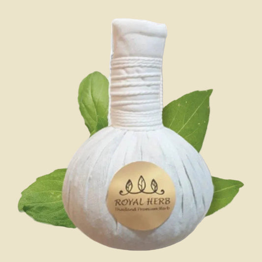 Traditional Thai herbal compress ball for hot massage therapy, featuring organic herbs for muscle relief and spa relaxation.