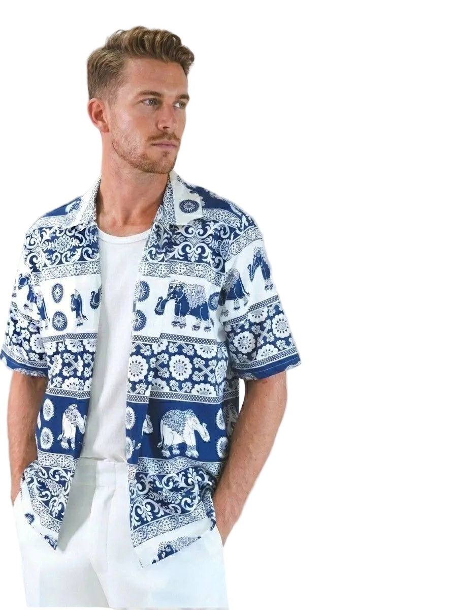Authentic Thai elephant mens aloha shirt made of premium spun rayon. Perfect casual Hawaiian button-down for summer and beach vacations.