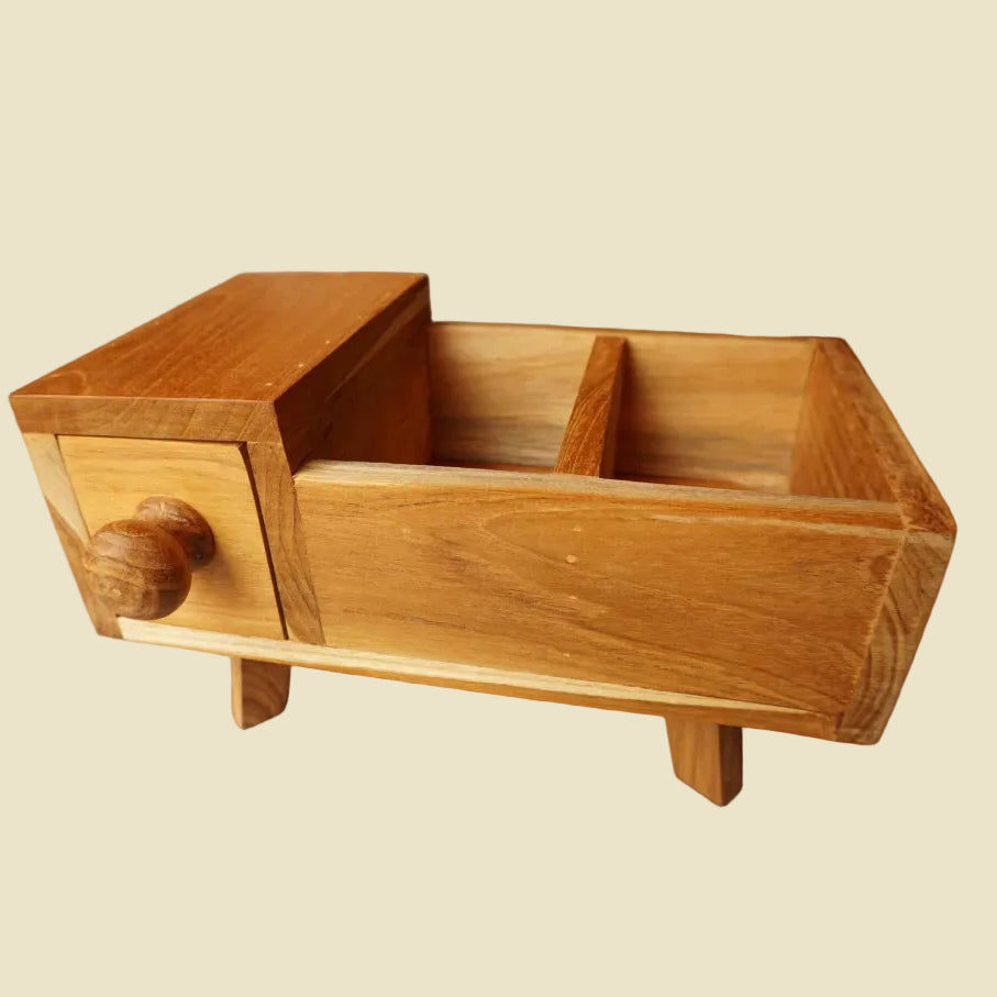 Vintage handcrafted Thai teak wood jewelry box with a drawer and compartments, premium desktop organizer for jewelry and accessories.