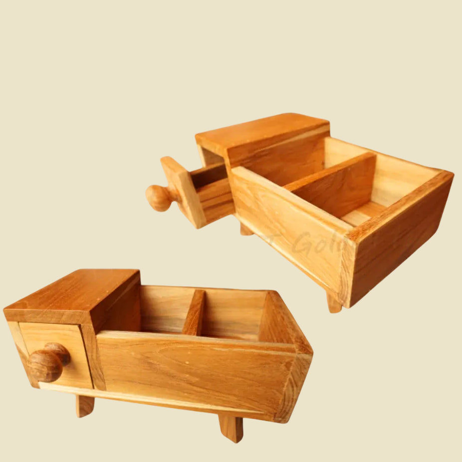 Vintage handcrafted Thai teak wood jewelry box with a drawer and compartments, premium desktop organizer for jewelry and accessories.