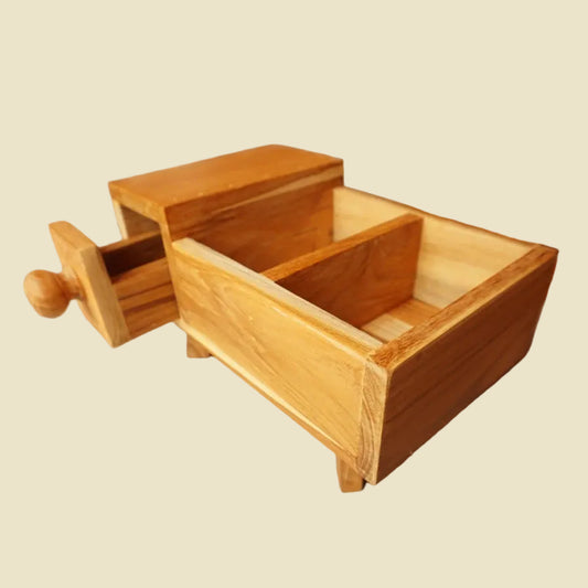 Vintage handcrafted Thai teak wood jewelry box with a drawer and compartments, premium desktop organizer for jewelry and accessories.