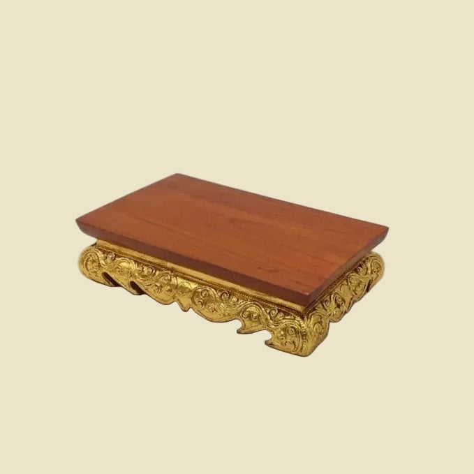 Handcrafted Thai Teak wood Buddha statue pedestal with gold leaf finish, available in multiple sizes for home altar and office decor.