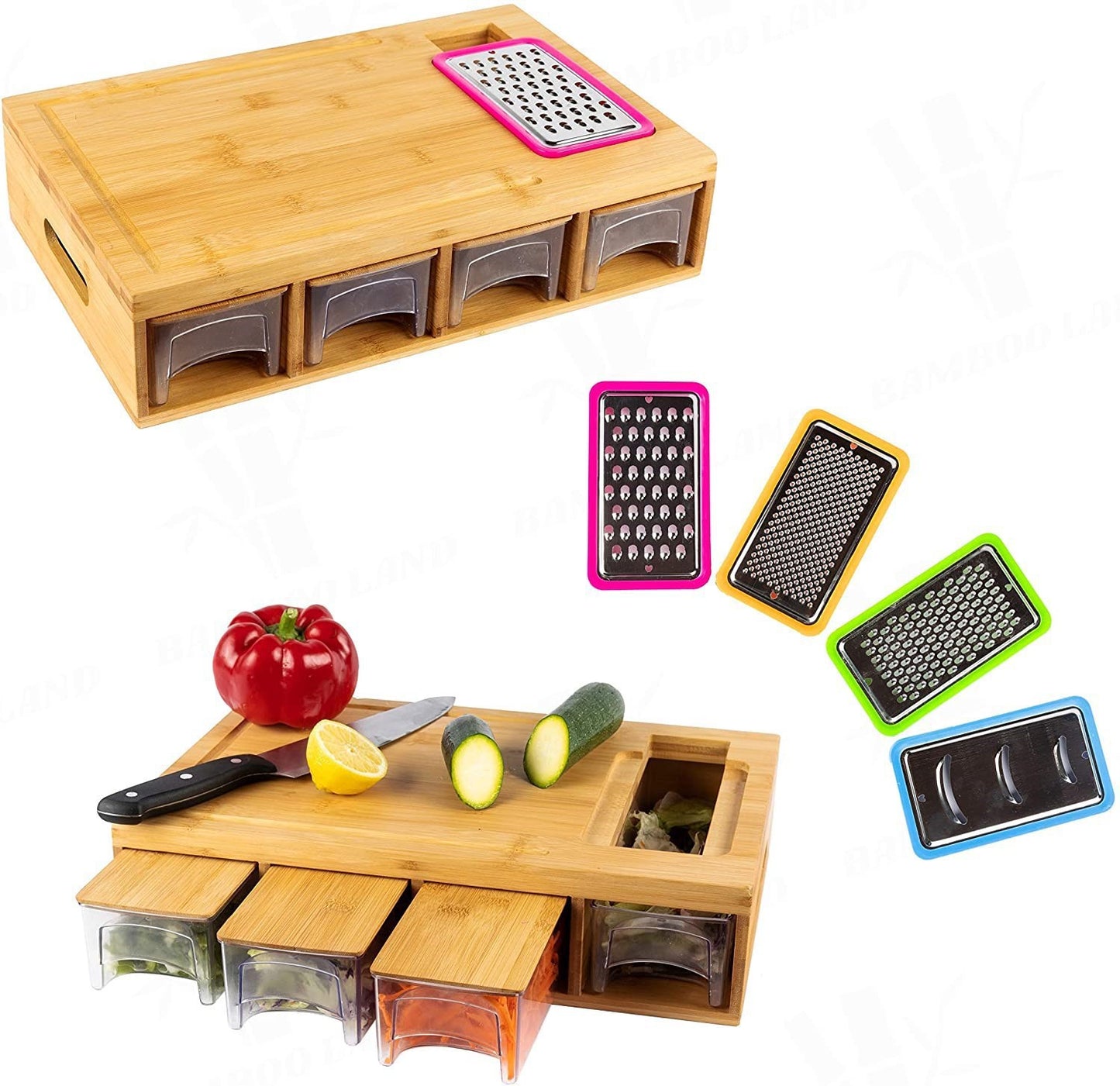 Bamboo cutting board with storage drawers and 4 stainless steel graters