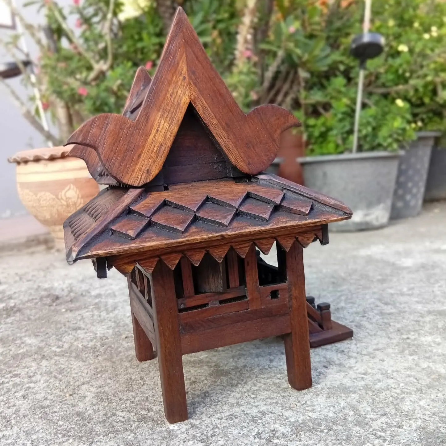 authentic Thai teak wood miniature spirit house