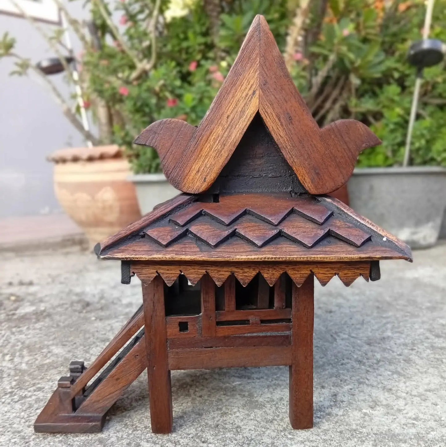 authentic Thai teak wood miniature spirit house