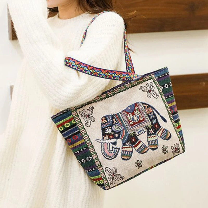 Thailändische Elefanten-Bestickte Canvas-Tragetasche | Boho Gewebte Tasche