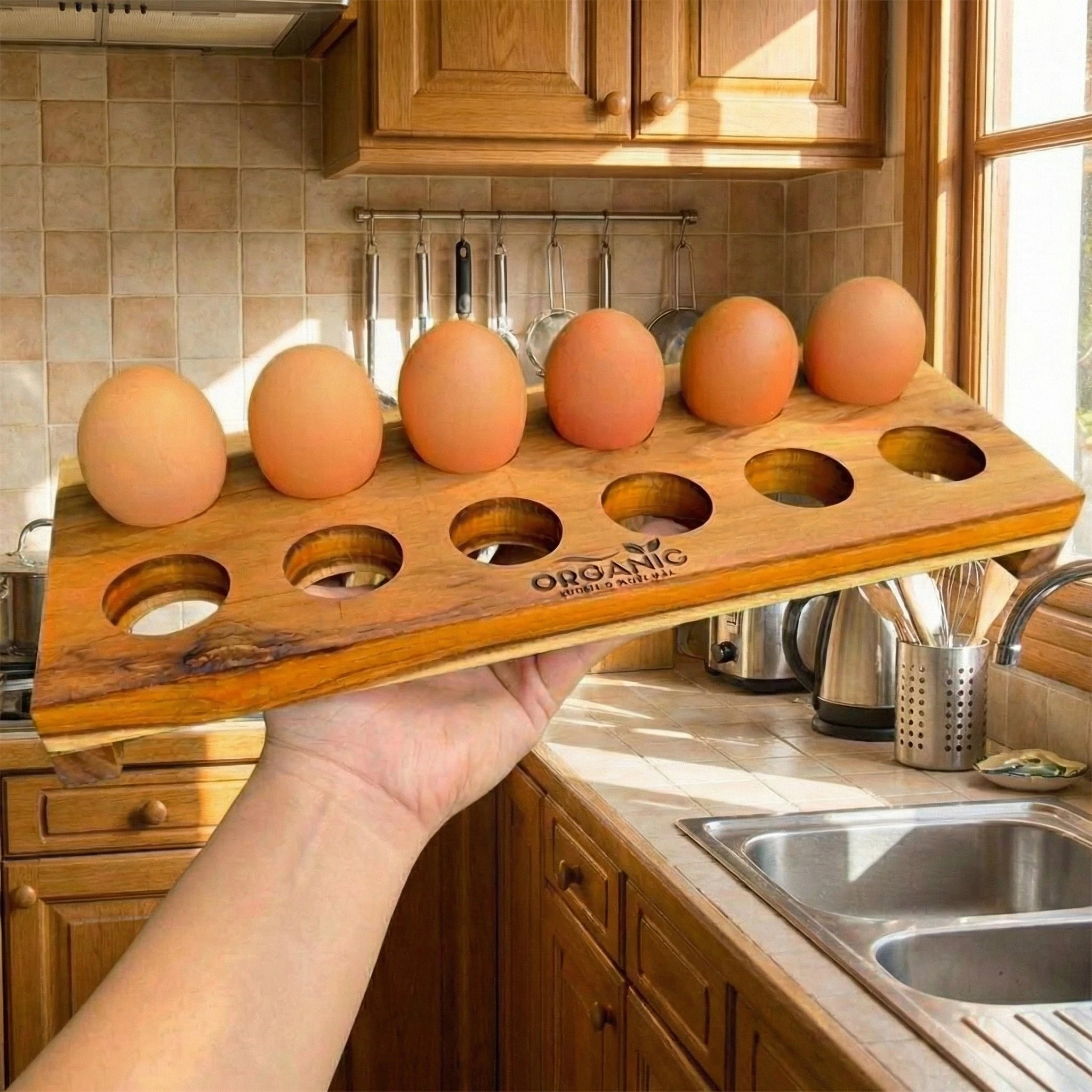 12-slot handcrafted teak wood egg tray with natural grain pattern and fresh eggs