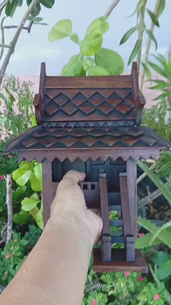 authentic Thai teak wood miniature spirit house