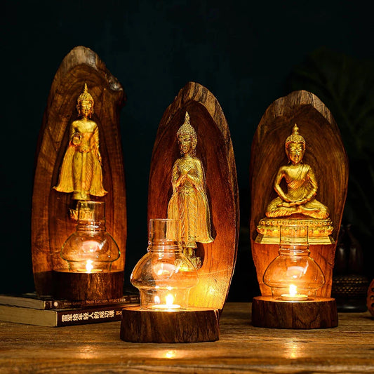 Teakwood Candle Holder with Zodiac Day Buddha Figurine