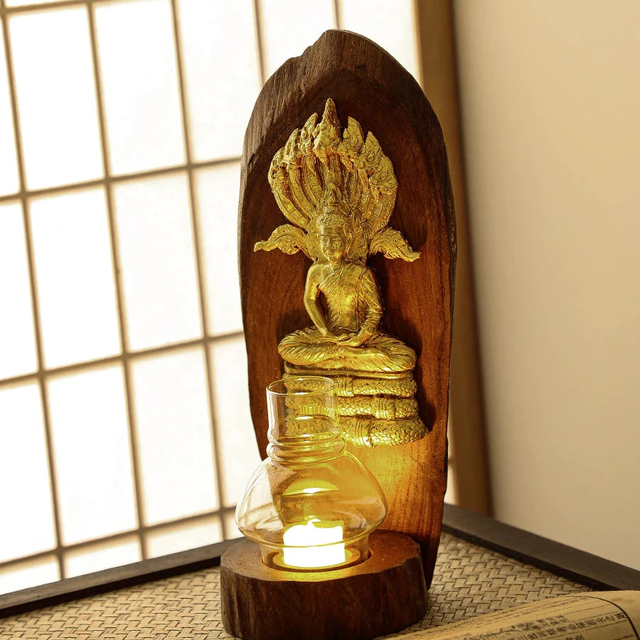 Teakwood Candle Holder with Zodiac Day Buddha Figurine