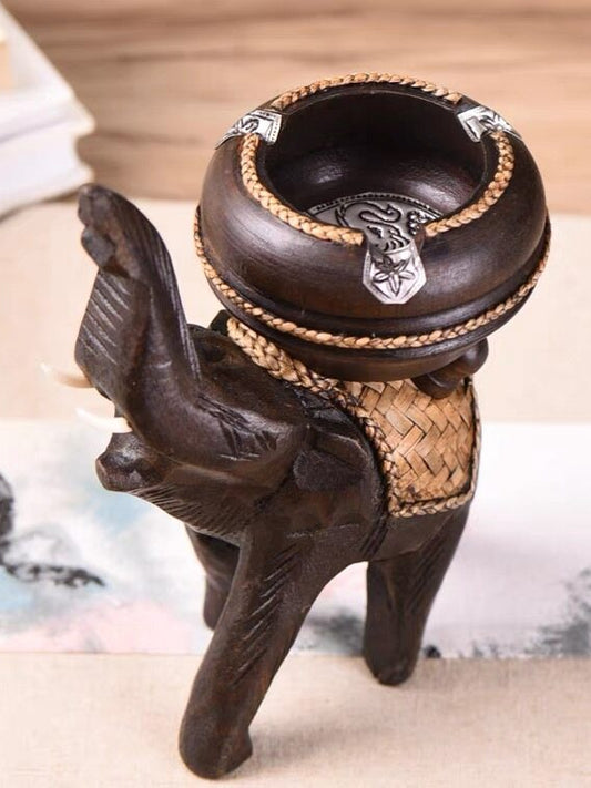 Elephant carved wooden ashtray