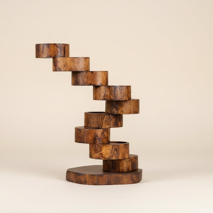 Hand-carved rustic wood candle holder featuring a multi-tier spiral design, ideal for a vintage dining table centerpiece and cozy home decor.