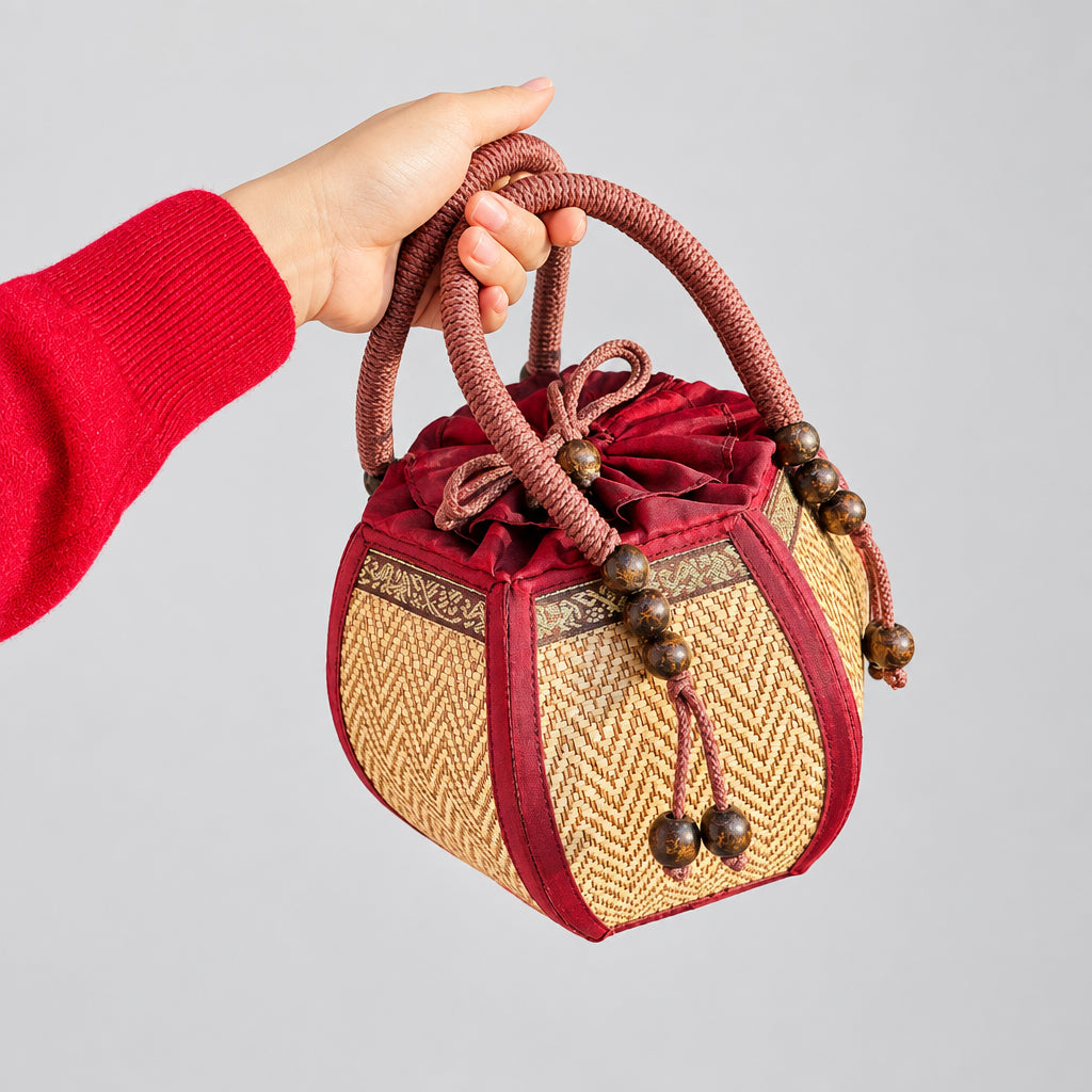 Woman carrying a 6-inch pumpkin-shaped straw woven bag on her wrist.