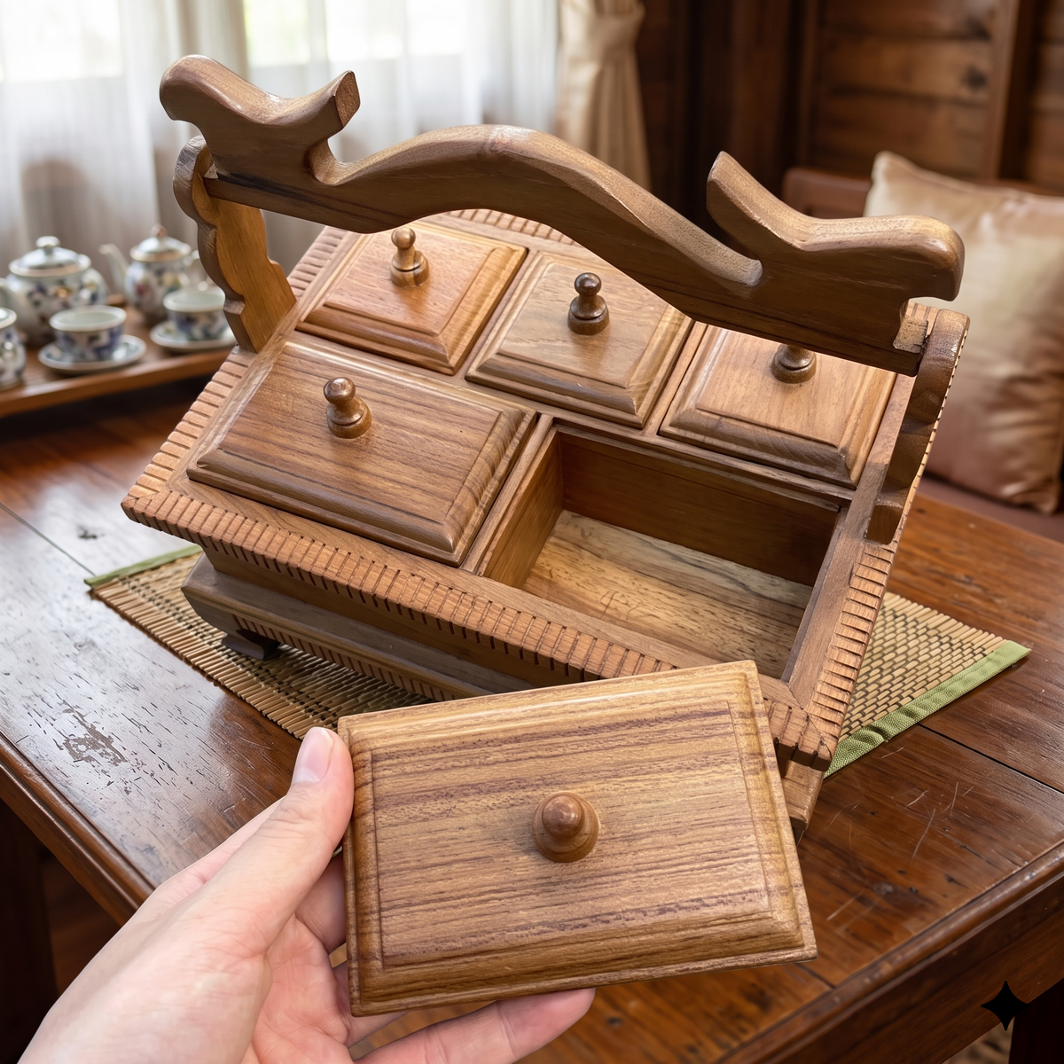 Vintage Dark Brown Teak Wood 6-Compartment Jewelry Box